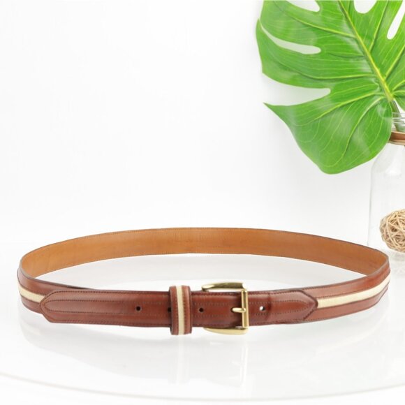 VTG USA Cole Haan Mens Belt Size 42 Brown Leather Tan Inlay Handcrafted Maine - Picture 1 of 16